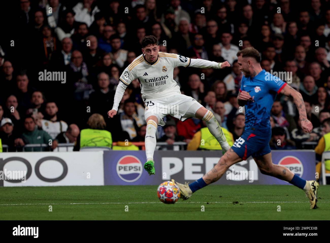 Madrid, Spanien. 06th Mar, 2024. Madrid Spain; 06.03.2024.- Real Madrid player Federico Valverde. Real Madrid draws with Leipzig but on aggregate they win 2-1 and advance to the next round of the Champion League Goal scored for Real Madrid by Vinicius Jr. 65`. Goal scored by Leipzig Willi Orban 68'. Credit: Juan Carlos Rojas/dpa/Alamy Live News Stock Photo
